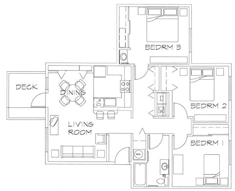Floor plan for 3 beds, 1 bath, 1085 sqft